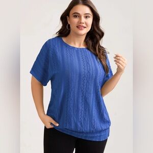 Bloomchic Blue Eyelet Trim Stretchy Textured Top 14-16 1X